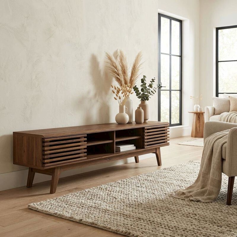 Brown wood entertainment center with spacious TV stand and sleek design image number 4