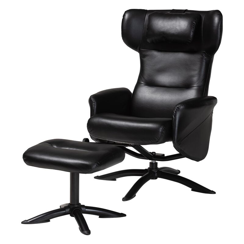 Baxton Studio Elwood Modern Black Faux Leather 2 Piece Lounge Chair and Footrest Set