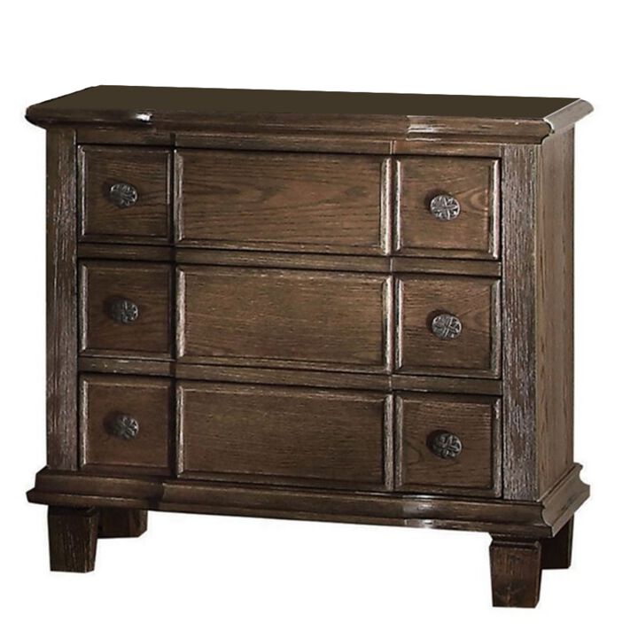 Three Drawer Nightstand With Round Knobs Side Metal Glide In Weathered Oak Finish-Benzara