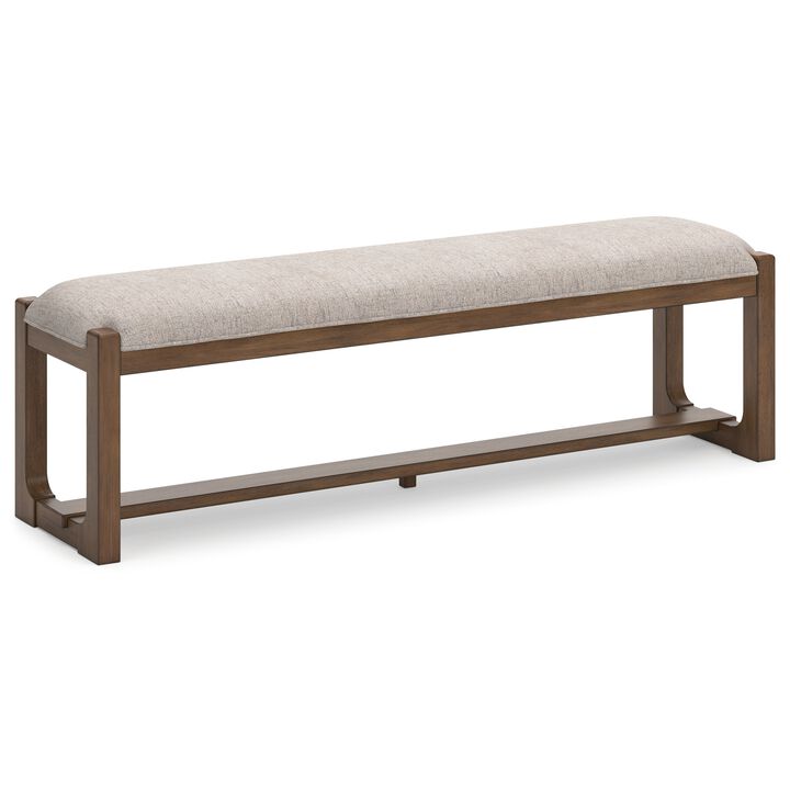 Cabal Large Dining Bench, Padded Beige Polyester, Brown Wood, 64 Inch - Benzara