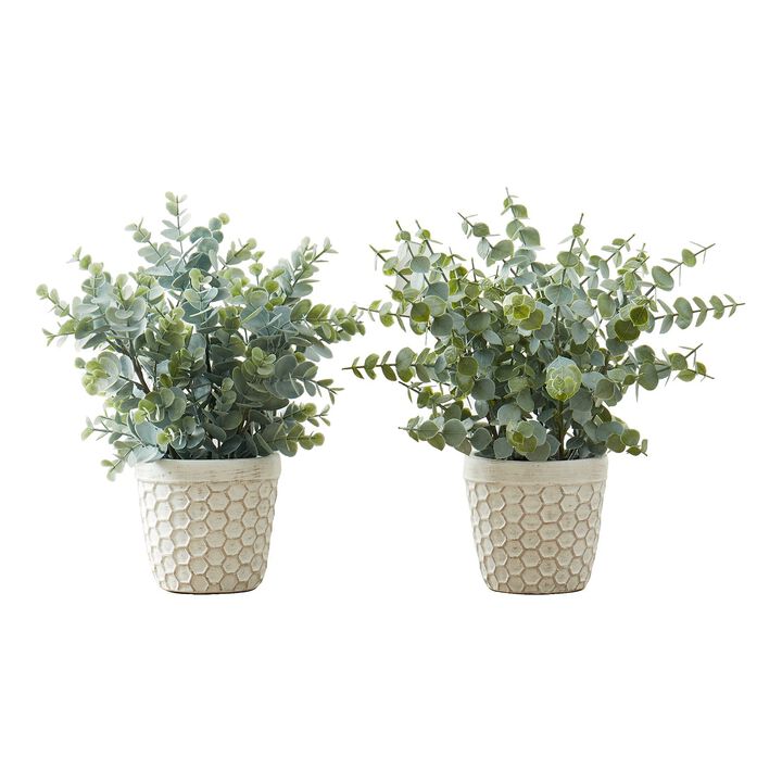 Monarch Specialties I 9581 - Artificial Plant, 13" Tall, Eucalyptus Grass, Indoor, Faux, Fake, Table, Greenery, Potted, Set Of 2, Decorative, Green Leaves, White Pots