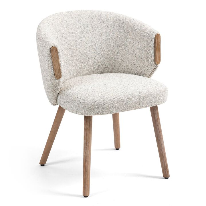Glamour Home Set of 2 Beige Washed Boucle Fabric Dining Chair Natural Wood Arms and Legs
