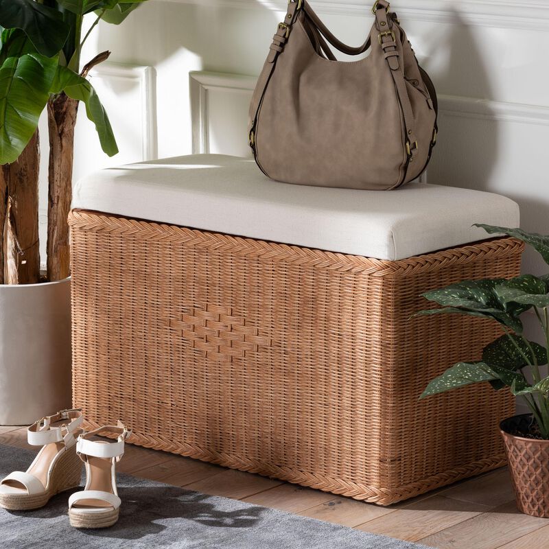 bali & pari Eamon Braided Natural Rattan Storage Bench with Cushioned Lift-Top Lid – Coastal Boho Style Chest for Bedroom, Entryway, or Living Room Organization, 31" Rectangle, Brown