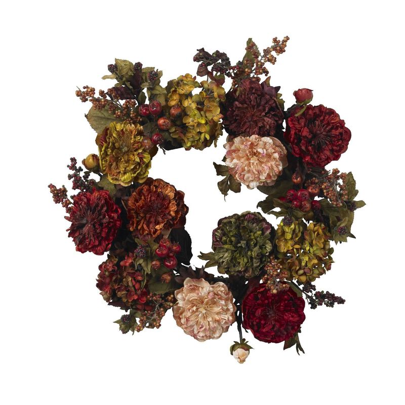 Nearly Natural 22-in Autumn Hydrangea Peony Wreath image number 1