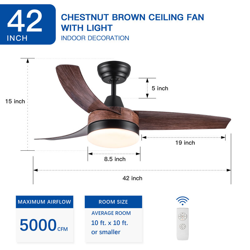 42 Inch Ceiling Fan with LED Light & Remote, Rustic Brown Wood Grain ABS Blades, 6-Speed image number 3