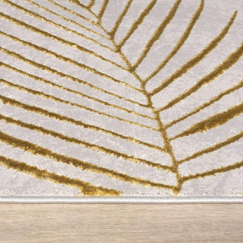 Modern Rug with Textured Palm Leaves in Cream Gold