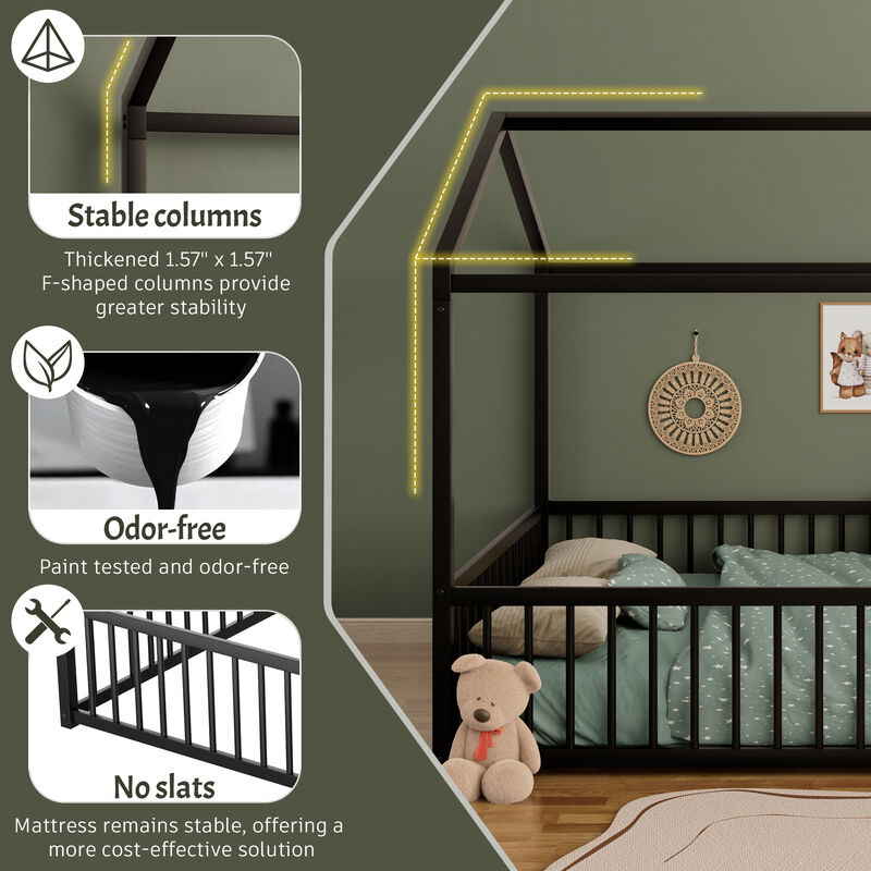 Merax Montessori Style Metal Floor Bed Frame, House Shaped Bed with Fence for Kids and Toddlers image number 6