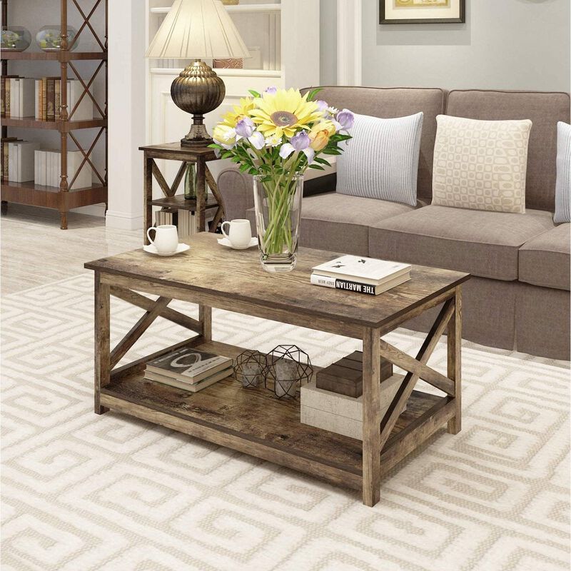 Hivvago Contemporary 2-Tier Farmhouse Coffee Table in Rustic Wood Finish