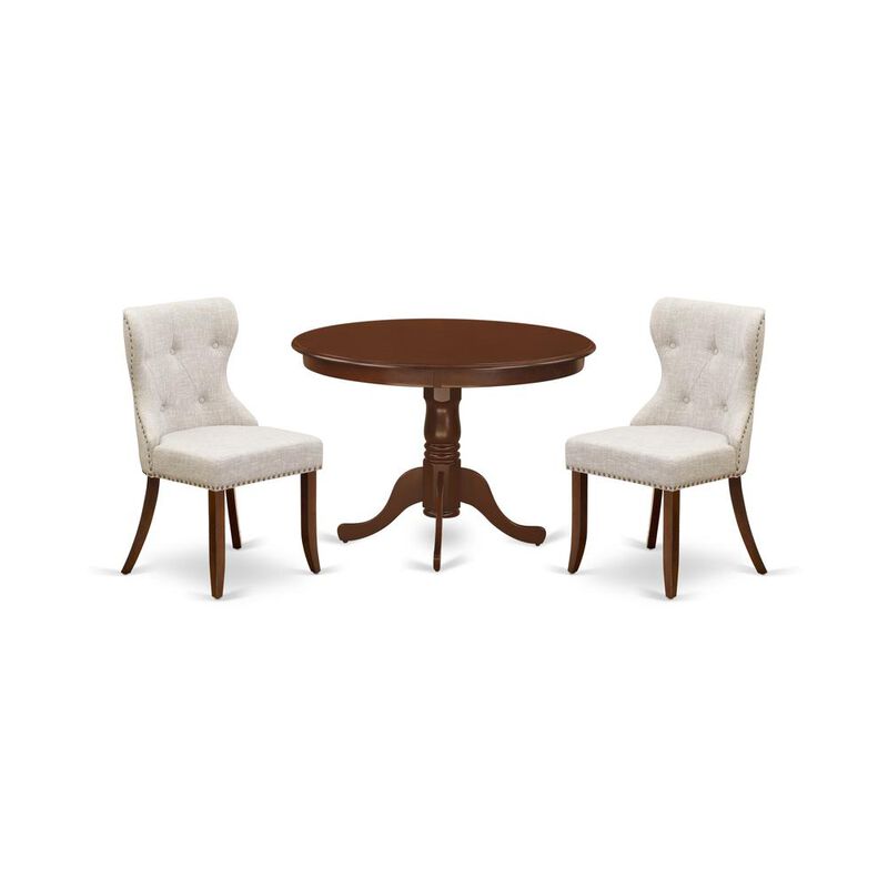 East-West Furniture HLSI3-MAH-35 - A dining set of two great parson chairs with Linen Fabric Doeskin color and a gorgeous 42-Inch Antique wooden dining table in Mahogany Finish
