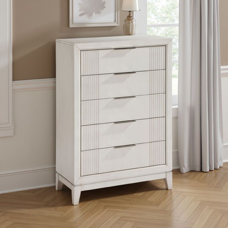 Flo Tall Dresser Chest, 5 Drawers, Antique White Wood, Chrome Handles