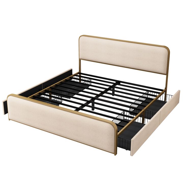 Merax Upholstered Platform Bed with 4 Under-Bed Drawers, All-Metal Frame