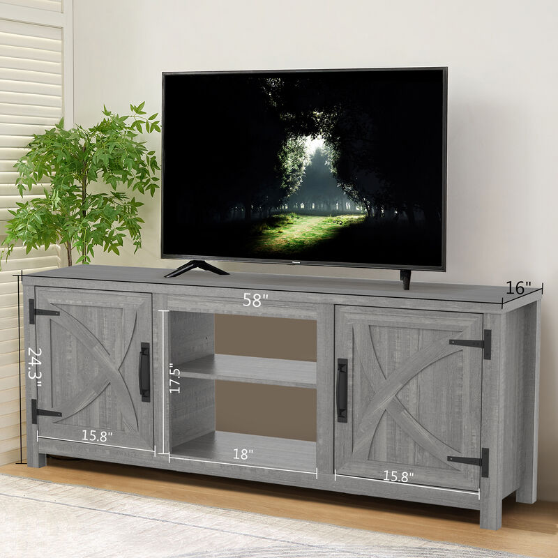 58" Farmhouse Light Gray TV Stand with Open Storage Shelves and Cabinets for TV up to 65"