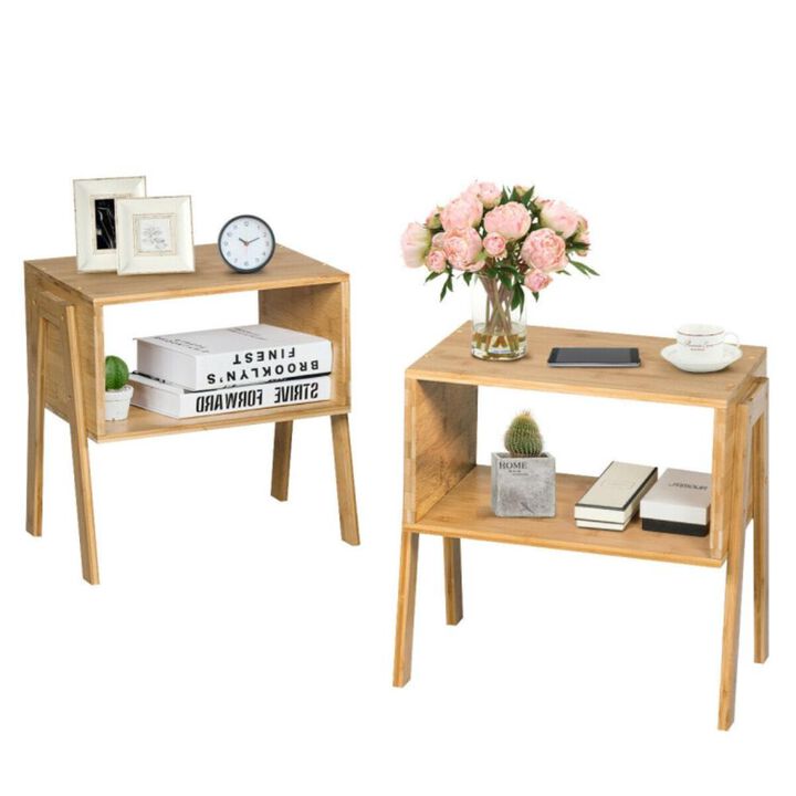Hivvago 2 Pieces Bamboo Nightstand Sofa Table with Storage Shelf