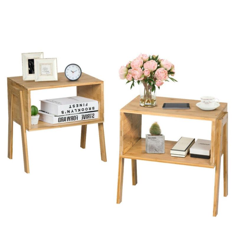 Hivvago 2 Pieces Bamboo Nightstand Sofa Table with Storage Shelf