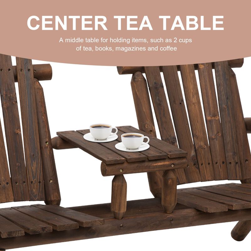 Carbonized Outdoor Duo: Wood Adirondack Chair Bench with Center Table