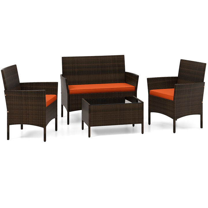 4 Piece Patio Rattan Conversation Set with Cozy Seat Cushions