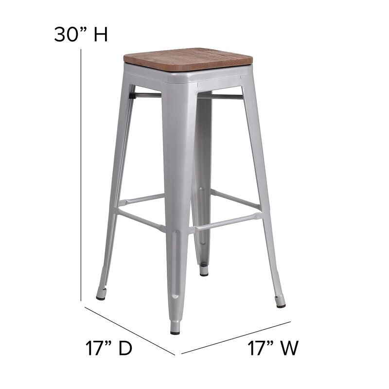 Flash Furniture Lily 30" High Backless Silver Metal Barstool with Square Wood Seat