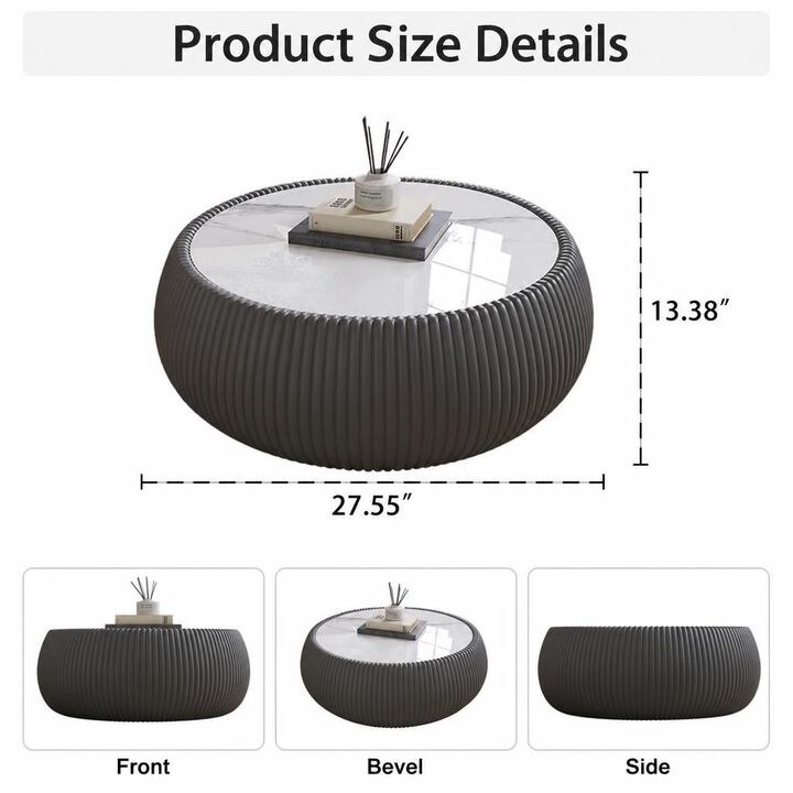 GOODSILO Modern Round Drum Shaped Sintered Stone Top Coffee Table Unique Patterned Accent Furniture For Living Room, Bedroom And Office