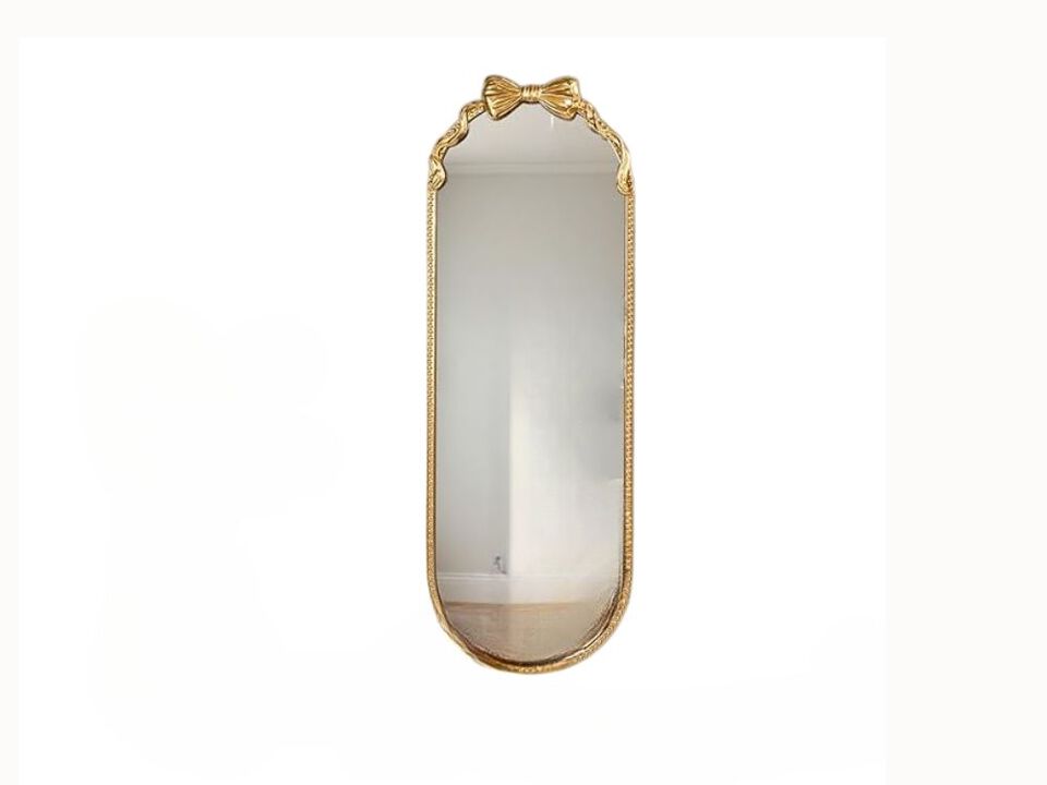 16"x47" Oval Full-Length Mirror – Gold Bow Beaded Frame for Bedroom, Entryway & Living Room (Wall-Mount Only)