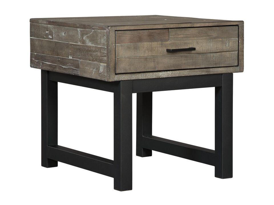 Square Butcher Block Wooden End Table with 1 Drawer, Brown and Black-Benzara