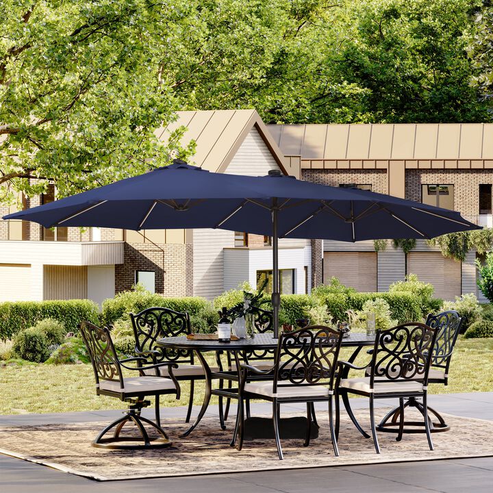 15 FT Double-Head Patio Umbrella with Base Included Large Outdoor Umbrella with Solar Detachable Lights Rectangular Crank Market Umbrella, Red