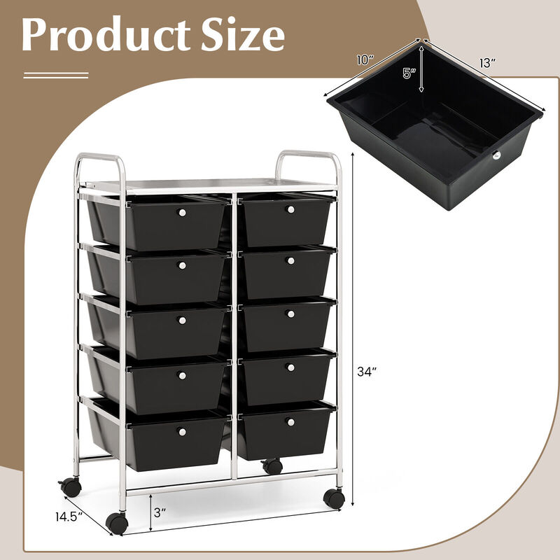 10-Drawer Rolling Storage Cart for Easy Organization and Mobility in Home, Office, or Garage