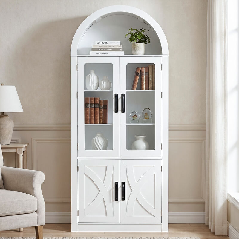 70" Tall Arched Modern White Wooden Pantry Storage Cabinet with Adjustable Shelves for Dining Room, Living Room, Kitchen image number 4
