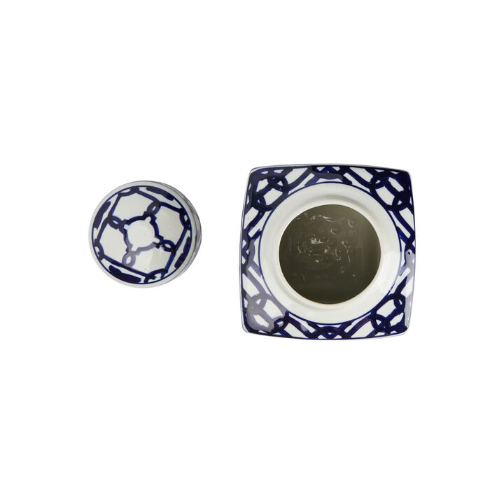 Decorative Square Ceramic Ginger Jar with Lid, Blue and White Geometric Fretwork