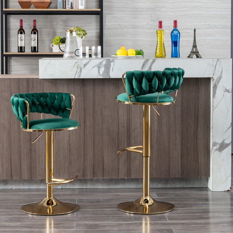 Set of 2 Bar Stools, with Chrome Footrest and Base Swivel Height Adjustable Mechanical Lifting Velvet + Golden Leg Simple Bar Stool-Green