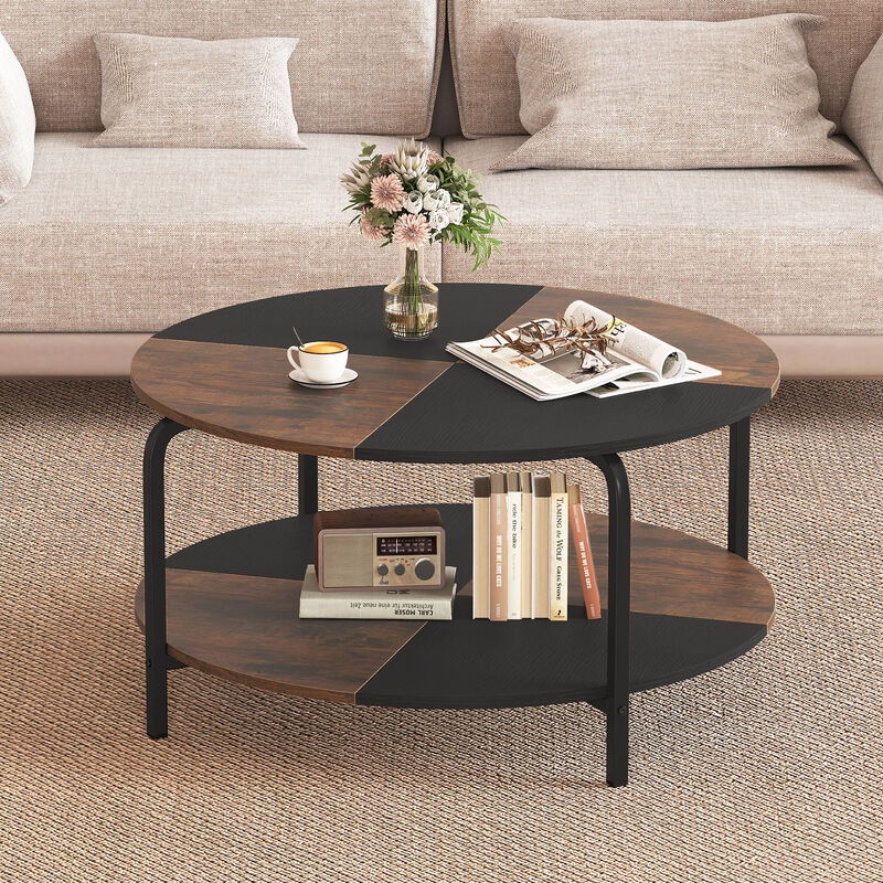 Rustic Brown Round Coffee Table, 2 Tier Metal Frame with Storage Shelf image number 1