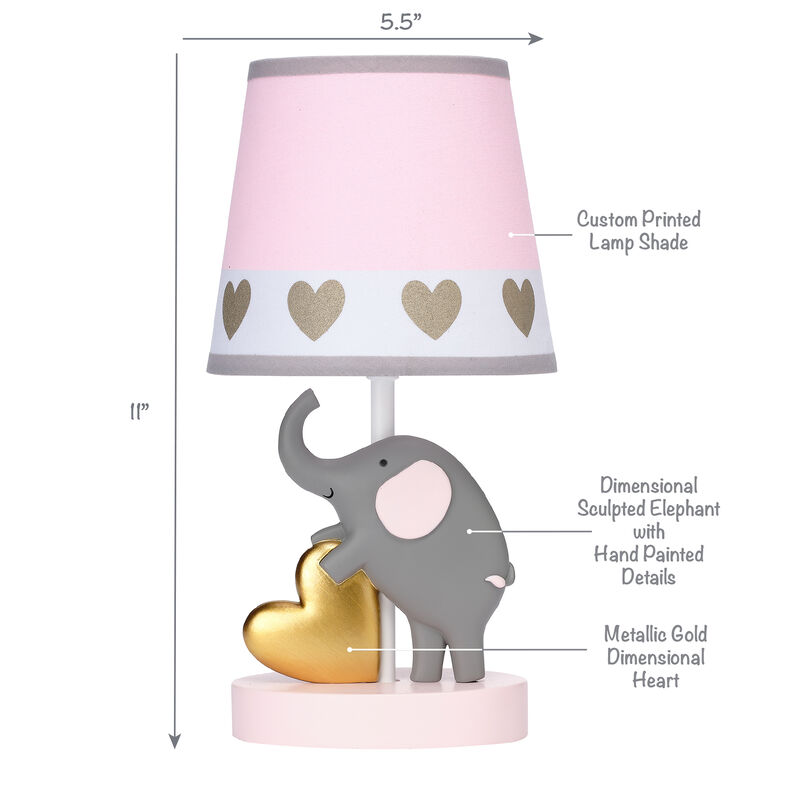 Bedtime Originals Eloise Pink/Gold Elephant and Heart Lamp & Shade with Bulb