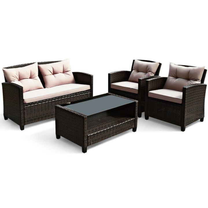 Hivvago 4 Pieces Patio Rattan Furniture Set with Tempered Glass Coffee Table