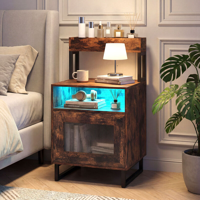 Modern End Table with LED Lights, Open Compartment and Storage Cabinet image number 5