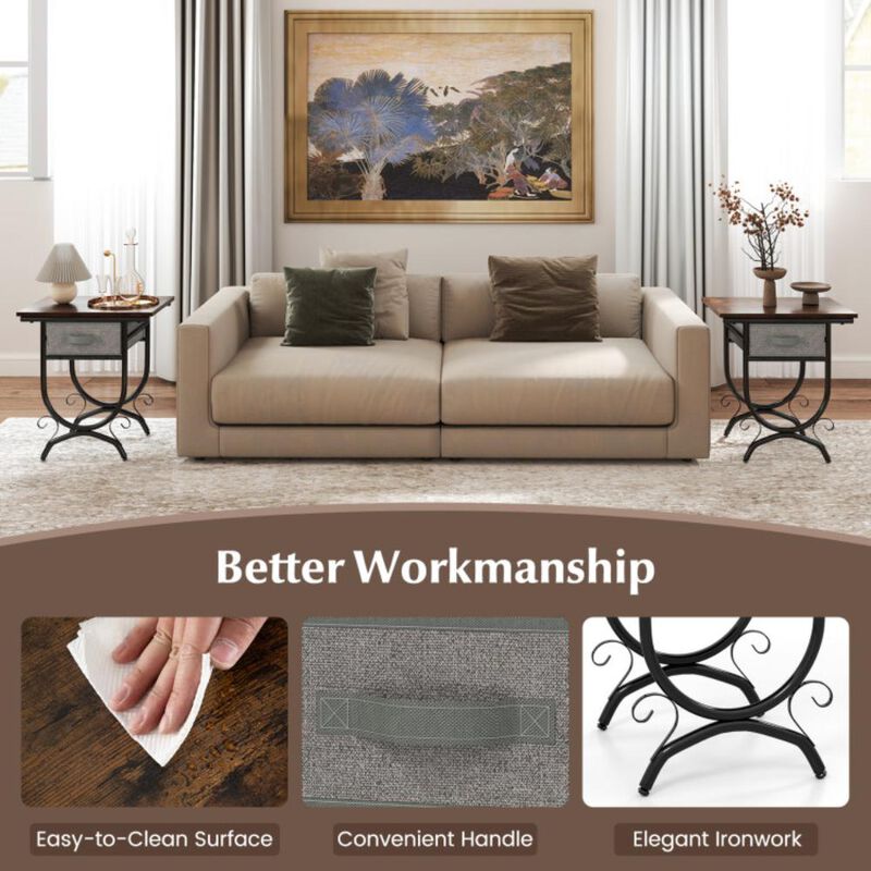Hivvago Side Table with Fabric Drawer and Carved Metal Frame for Living Room