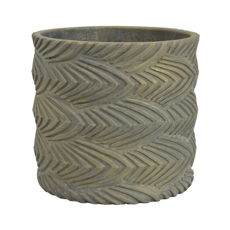 Cylindrical Planter, Raised Feather Motifs, Gray and Gold Terracotta 7 Inch image number 2