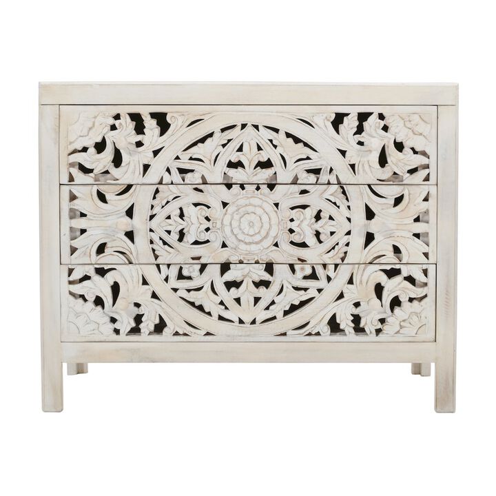 Jofran Jolie Rustic Solid Wood Global Boho Hand Carved Accent Chest with Three Drawers