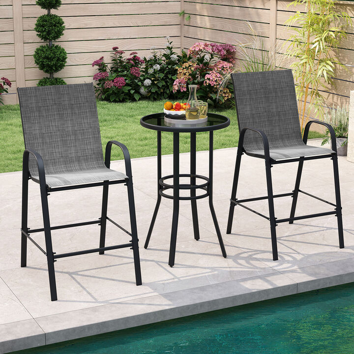 Set of 2 Patio Bar Height Stools with Fabric Seat and Armrests