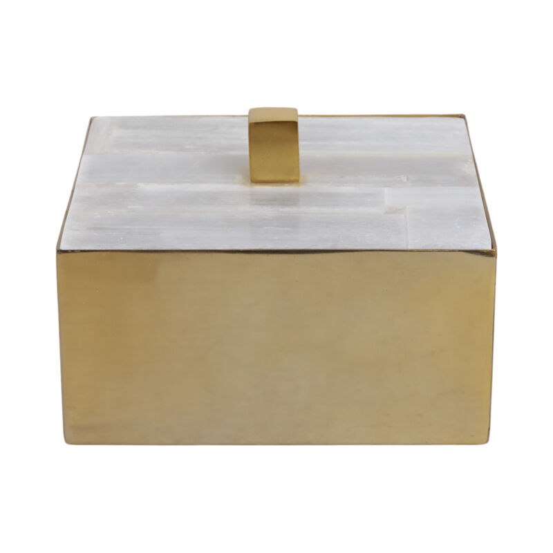 6" Square Selenite Top Box, White/gold image number 3