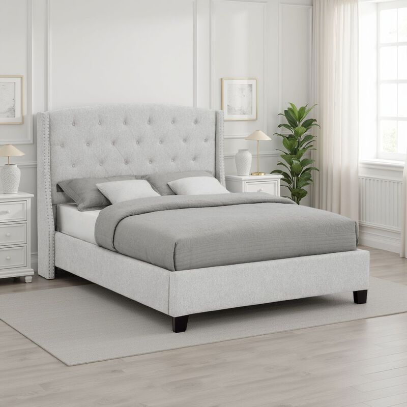 Elle Queen Size Bed, Tufted Wingback Headboard, Dove Gray Upholstery
