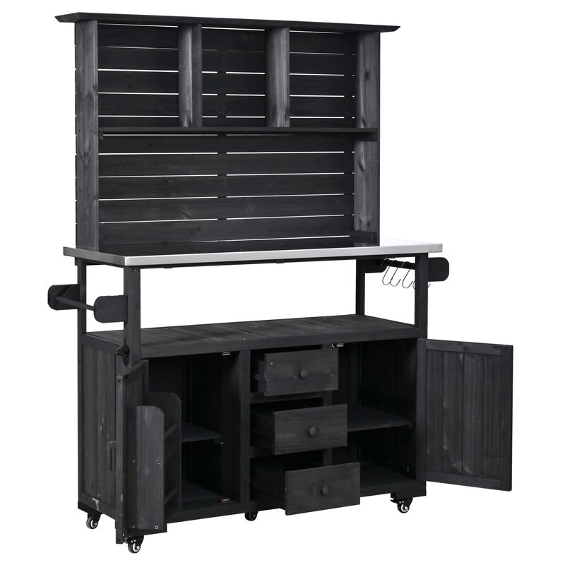 Whisen 65" Solid Wood Garden Potting Table with 3 Drawers & Doors, Stainless Top image number 8