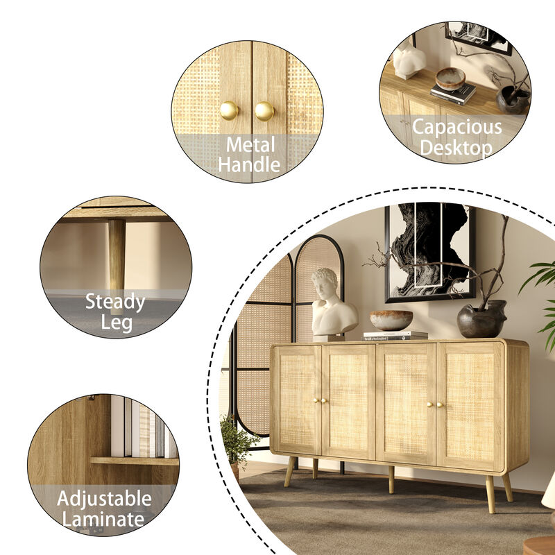 FUFU&GAGA Rattan Bookshelf, Modern Storage Cabinet with 4 Doors, Gold Handles & Solid Wood Legs, Freestanding Bookcase for Home Office, Study Room & Living Room (55.1" W x 32.1" H x 13.9" D), Natural Wood