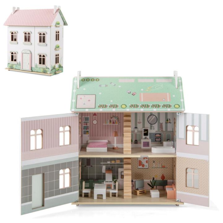 Hivvago Kids Wooden Dollhouse 3 Level with Double-Sided Roofs and Doors