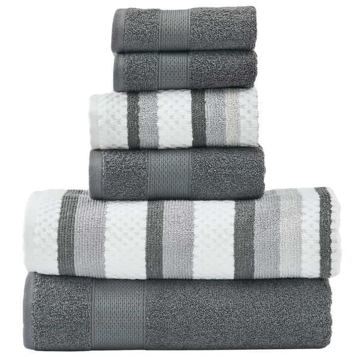 Nyx 6pc Soft Cotton Towel Set, Striped, White, Dark Gray By The Urban Port - Benzara