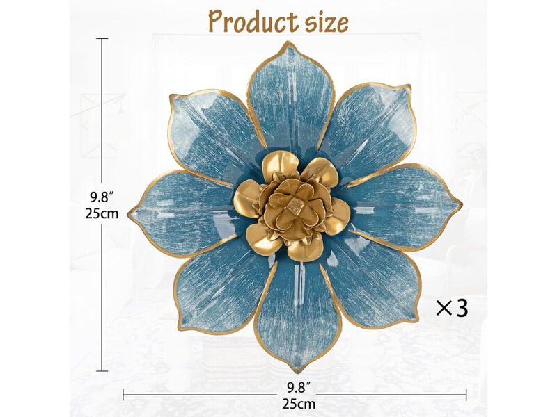 Metal Flower Wall Decor Set of 3 Blue Gold Art for Living Room Bedroom Home image number 2