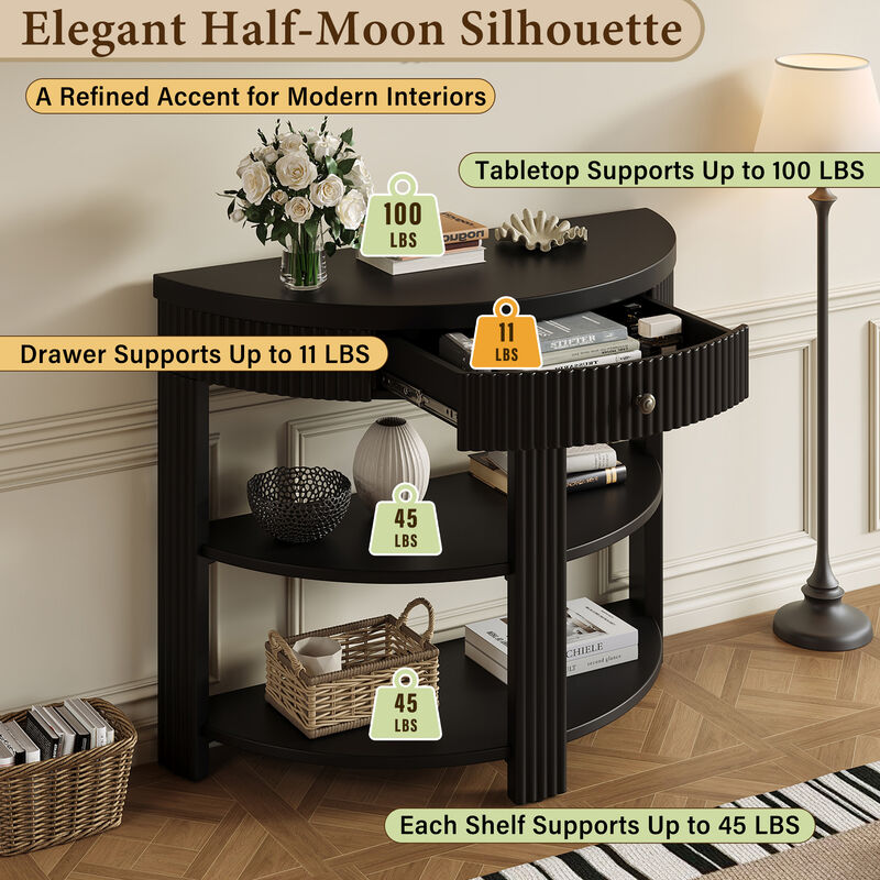 Whisen Half Moon Console Table, Fluted Wooden Entryway Table with Drawer & 2 Shelves, Solid Wood & MDF for Living Room Hallway image number 6