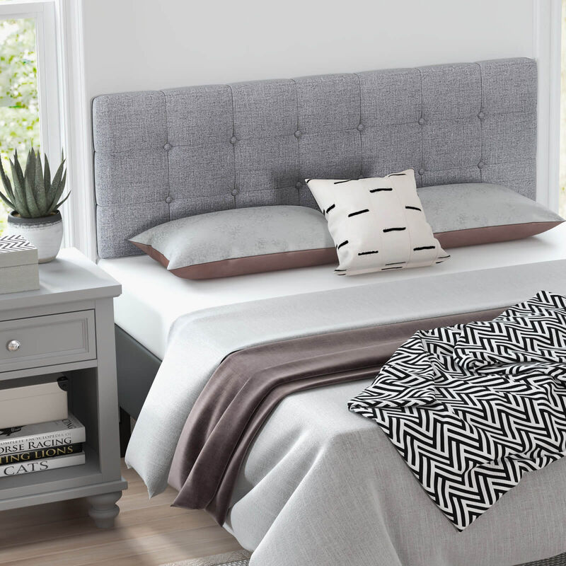 Linen Upholstered Headboard with Solid Rubber Wood Legs-Gray