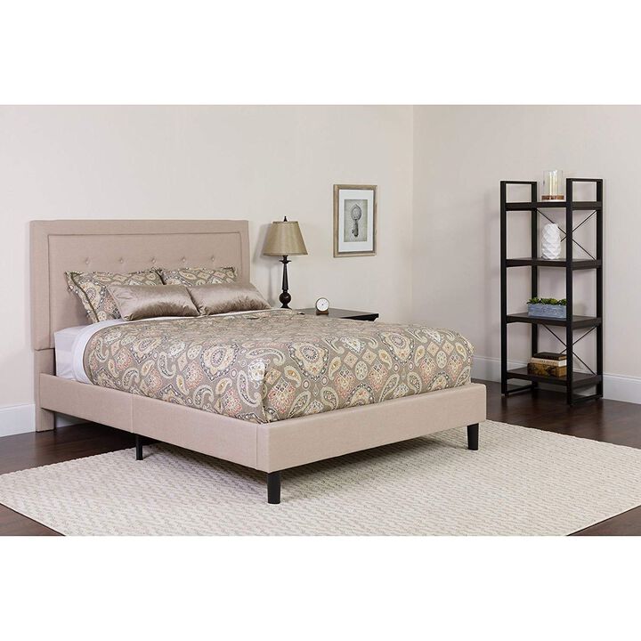 Hivvago Queen Beige Upholstered Platform Bed Frame with Button Tufted Headboard