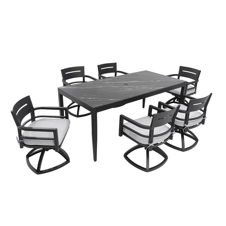 7-Piece Outdoor Patio Aluminum Dining Set, Sintered Stone Top Dining Table and 6 Swivel Rockers with Sunbrella Cushions