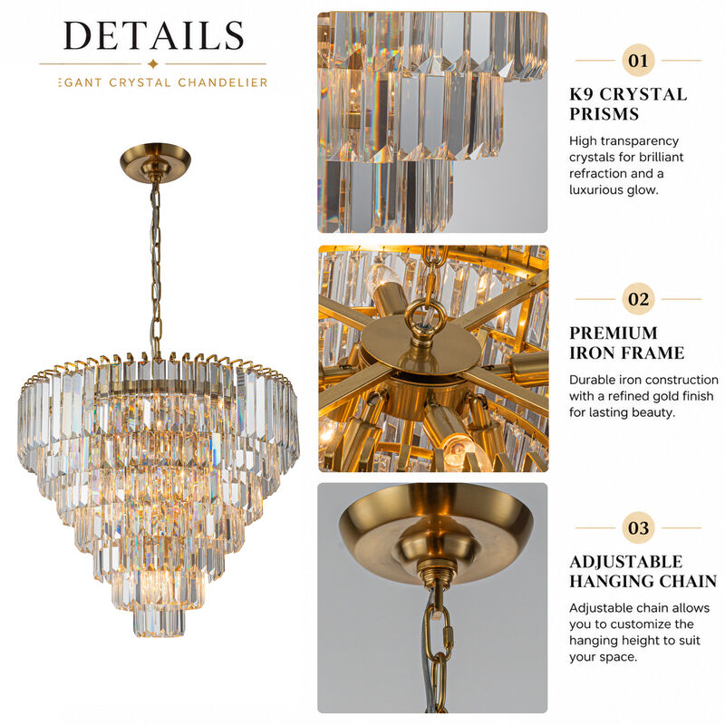 20'' Modern Crystal Chandelier in Warm Brass for Dining Room & Entryway image number 5