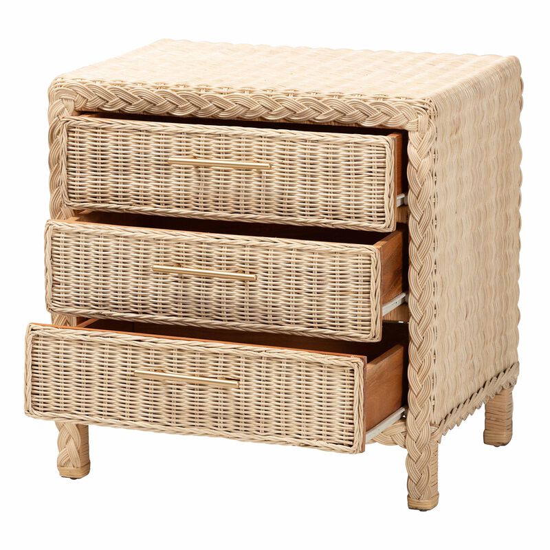bali & pari Lanica Japandi Sun Bleached Rattan 3 Drawer Nightstand